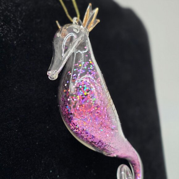 Glass Glitter Filled Seahorse Ornament With Gold Crown & Tail 5" - Picture 5 of 6